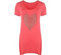 STAR FASHION New Front Diamante Heart & Leopard Heart Short Sleeve Scoop Neck Long T-Shirt/Tunic Top Blouse Uneven Top Plus Size for Ladies/Woman (UK 14-28)