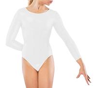 STAR FASHION New Kids Girls Lycra Plain Stretch Leotards Long Sleeve Bodysuit School PE Ballet Dance for Gymnastics Athletic Swimsuit Ages 2-18 Years White
