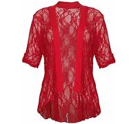 STAR FASHION New Ladies Sheer Shrug Top Cuff Sleeve Open Front Waterfall Design Floral Lace Two Button Kimono Cardigan Top for Woman (Red)