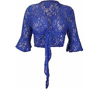 STAR FASHION New Women Floral Lace 3/4 Three Quarter Short Sleeve Ladies Front Tie Up Sequin Shrug Bolero Stretch Cropped Top Cardigan Plus Size (Royal Blue)