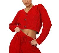 STAR FASHION New Women's Ladies Chunky Cable Knitted Cropped Cardigan Long Sleeve 3 Button Short Crop Top Warm Sweater Jacket Pary Wear UK Size 8-14 Red