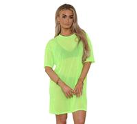 STAR FASHION PJ Mesh Top for Womens Longline Mesh T-Shirt Ladies Plain See Through Sheer Short Sleeve Tunic PJ Dress Neon Green 8-16 Regular