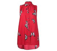 STAR FASHION Sleeveless Chiffon Uneven Hem Shirt Top Plus Size Loose Fit Asymmetric Tunic Top Blouse Stretch Fitting Button Down Chambray Shirt for Woman, Butterfly Red (UK 14 - 28)