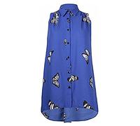 STAR FASHION Sleeveless Chiffon Uneven Hem Shirt Top Plus Size Loose Fit Asymmetric Tunic Top Blouse Stretch Fitting Button Down Chambray Shirt for Woman, Butterfly Royal Blue (UK 14 - 28)