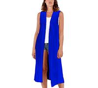 STAR FASHION Woman’s Open Front Sleeveless Maxi Long Length Boyfriend Cardigan Ladies Plain Blazer Waistcoat Floaty Top Duster Jacket UK 24-26 Royal Blue