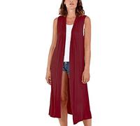 STAR FASHION Woman’s Open Front Sleeveless Maxi Long Length Boyfriend Cardigan Ladies Plain Blazer Waistcoat Floaty Top Duster Jacket UK 16-18 Wine