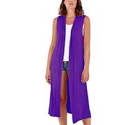 STAR FASHION Woman’s Open Front Sleeveless Maxi Long Length Boyfriend Cardigan Ladies Plain Blazer Waistcoat Floaty Top Duster Jacket UK 20-22 Purple