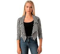 STAR FASHION Women 3/4 Sleeves Stripes Print Open Front Waterfall Crop Blazer Jacket Halloween Costume Black/White Striped 24-26