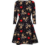 STAR FASHION Women Christmas Party Dress Snowman Swing Dress Novelty Printed Skater Xmas Dress Secret Santa Gift for Ladies Kissing Reindee & Heart 24-26