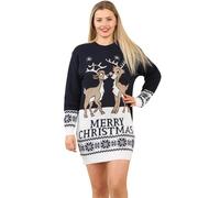 STAR FASHION Women Ladies Christmas Knitted Tunic Jumper Reindeer Merry Xmas Hands Off My Pudding Retro Novelty Sweater Kissing Reindeer Navy 16-18