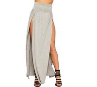 STAR FASHION Women Ladies Double Split Maxi Long Skirt Plain Basic Two Side Slit High Waisted Stretchy Long Summer Party Wear Skirts UK Sizes 8-22 Light Grey