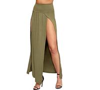 STAR FASHION Women Ladies Double Split Maxi Long Skirt Plain Basic Two Side Slit High Waisted Stretchy Long Summer Party Wea Skirts UK Size 8-10 Khaki