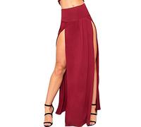 STAR FASHION Women Ladies Double Split Maxi Long Skirt Plain Basic Two Side Slit High Waisted Stretchy Long Summer Party Wear Skirts UK Sizes 8-22 Wine