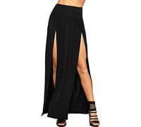 STAR FASHION Women Ladies Double Split Maxi Long Skirt Plain Basic Two Side Slit High Waisted Stretchy Long Summer Party Wea Skirts UK Size 8-10 Black
