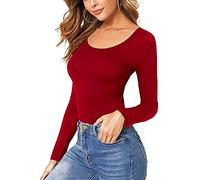 STAR FASHION Women Ladies Long Sleeve Round Neck Plain Top Stretchy Casual T Shirts Basic Slim fit Tee Tops UK Size 20-22 - Red