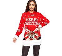 STAR FASHION Women/Ladies Men Unisex Christmas Jumper Knitted Xmas Sweater-Pom Pom Red-20-22