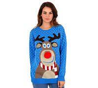 STAR FASHION Women/Ladies Men Unisex Christmas Jumper Knitted Xmas Sweater-Rudolph Pom Pom Blue-16-18