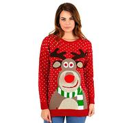 STAR FASHION Women/Ladies Men Unisex Christmas Jumper Knitted Xmas Sweater-Rudolph Pom Pom Red-12-14