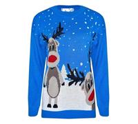 STAR FASHION Women/Ladies Men Unisex Christmas Jumper Knitted Xmas Sweater-Two Reindeer-Blue-16-18