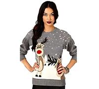 STAR FASHION Women/Ladies Men Unisex Christmas Jumper Knitted Xmas Sweater-Two Reindeer-Grey-16-18