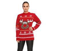 STAR FASHION Women/Ladies Men Unisex Reindeer Snowflakes Christmas Jumper Knitted Xmas Sweater | UK Size 8-26 | Red
