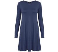 STAR FASHION Women Long Sleeves Round Neck Stretch Swing Skater Flared Dress Ladies Midi Length Top Plain & Printed Casual Summer Wear Dresses UK 8-93 Navy