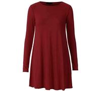 STAR FASHION Women Long Sleeves Round Neck Stretch Swing Skater Flared Dress Ladies Midi Length Top Plain & Printed Casual Summer Wear Dresses UK 8-63 Wine