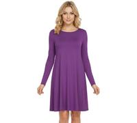 STAR FASHION Women Long Sleeves Round Neck Stretch Swing Skater Flared Dress Ladies Midi Length Top Plain & Printed Casual Summer Wear Dresses UK 8-70 Purple
