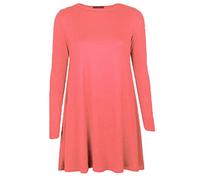 STAR FASHION Women Long Sleeves Round Neck Stretch Swing Skater Flared Dress Ladies Midi Length Top Plain & Printed Casual Summer Wear Dresses UK 8-82 Coral
