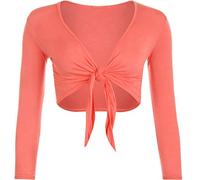 STAR FASHION Women Long Sleeves Shrugs Tie Up Open Front Top Ladies Summer Crop Bolero Cardigan Dress Coral 12-14