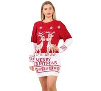STAR FASHION Women Ladies Christmas Knitted Tunic Jumper Reindeer Merry Xmas Hands Off My Pudding Retro Novelty Sweater Kissing Reindeer Red 12-14