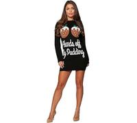 STAR FASHION Women’s Christmas Novelty Knitted Tunic Dress Ladies Long Sleeve Crew Neck Xmas Jumper Dress Hands Off My Pudding Retro Funny Holiday Sweater Dress Pudding Black 20-22