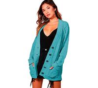 STAR FASHION Women’s Grandad Cardigan Chunky Cable Knit 5 Button Up Jumper with Pockets Long Sleeve Open Front Winter Sweater Ladies Warm Knitwear Turquoise-16-18