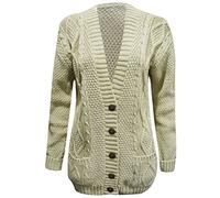 STAR FASHION Women's Open Front Five Button Grandad Cardigans Chunky Cable Knitted Long Sleeve Winter Tops Sweaters Jumpers Size | UK 8-26 | Stone