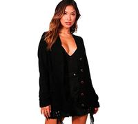 STAR FASHION Women’s Grandad Cardigan Chunky Cable Knit 5 Button Up Jumper with Pockets Long Sleeve Open Front Winter Sweater Ladies Warm Knitwear Black-12-14