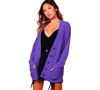 STAR FASHION Women’s Grandad Cardigan Chunky Cable Knit 5 Button Up Jumper with Pockets Long Sleeve Open Front Winter Sweater Ladies Warm Knitwear Purple-12-14