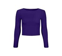 STAR FASHION Women’s Long Sleeve Crop Top Ladies Round Neck Cropped T-Shirt Short Mini Shirt Plain Printed Tops Purple-8-10