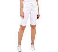 STAR FASHION Women’s New Italian Plain Elastic Waist Magic Shorts Ladies Knee Length 3/4 Cropped Trousers Turn Up Side Pockets Drawstring Belt Summer Beach Pants Short Pajamas | White | 8-10