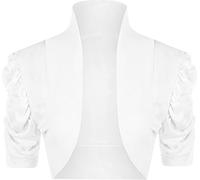 STAR FASHION Women’s Puff Sleeve Ruched Stretchy Ribbed Beaded Shrug Ladies Collared Short Bolero Crop Cardigan Top Open Front Shrugs UK Size 8-14 Turquoise