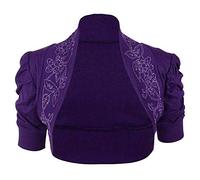 STAR FASHION Women’s Puff Sleeve Ruched Stretchy Ribbed Beaded Shrug Ladies Collared Short Bolero Crop Cardigan Top Open Front Shrugs UK Size 8-14 Purple