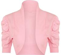 STAR FASHION Women’s Puff Sleeve Stretchy Ribbed Bolero Shrug Ladies Collared Plain Style Crop Cardigan Top Open Front Shrugs UK Size 8-14 Pink