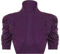 STAR FASHION Women’s Puff Sleeve Stretchy Ribbed Bolero Shrug Ladies Collared Plain Style Crop Cardigan Top Open Front Shrugs UK Size 8-14 Purple