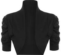 STAR FASHION Women’s Puff Sleeve Stretchy Ribbed Bolero Shrug Ladies Collared Plain Style Crop Cardigan Top Open Front Shrugs UK Size 8-14 Black