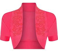 STAR FASHION Women’s Short Sleeve Beaded Ribbed Shrug Ladies Collared Short Bolero Crop Cardigan Top Open Front Shrugs UK Size 8-14 Cerise