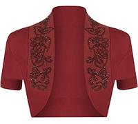 STAR FASHION Women’s Short Sleeve Beaded Ribbed Shrug Ladies Collared Short Bolero Crop Cardigan Top Open Front Shrugs UK Size 8-14 Wine