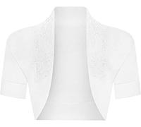 STAR FASHION Women’s Short Sleeve Beaded Ribbed Shrug Ladies Collared Short Bolero Crop Cardigan Top Open Front Shrugs UK Size 8-14 White