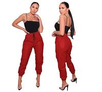 STAR FASHION Women’s Wet Look Faux Leather PU PVC Shiny Trouser Ladies Joggers Pants Paper Bag Cuffed Jogging Bottoms Draw String Tie Up Waist Trouser Size (UK_8-14) Wine