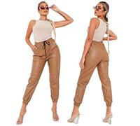 STAR FASHION Women’s Wet Look Faux Leather PU PVC Shiny Trouser Ladies Joggers Pants Paper Bag Cuffed Jogging Bottoms Draw String Tie Up Waist Trouser Size (UK_8-14) Camel