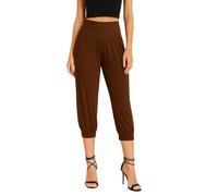 STAR FASHION Womens 3/4 Ali Baba Harem Trousers Cropped Baggy Pants Ladies Plus Size Stretchy Hareem Shorts with Elasticated Waistband & Leg Cuffs Brown 12-14