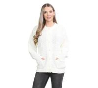 STAR FASHION Womens Aran Cable Knitted 7 Button Cardigan Ladies Loose and Stretchy Long Sleeve 2 Pocket Round Neck Sweater Cadigan Cream-16-18